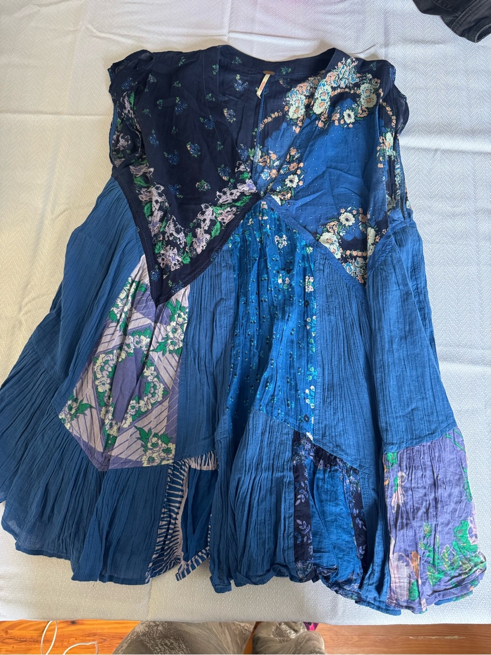 Free People Patchwork Tunic Blue Ruffle Pockets XS